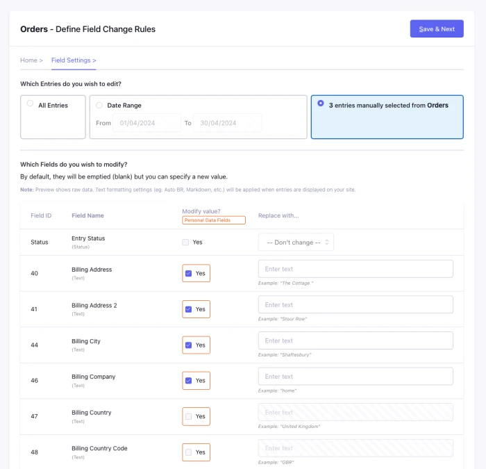 Field settings - set the data to be cleared or changed