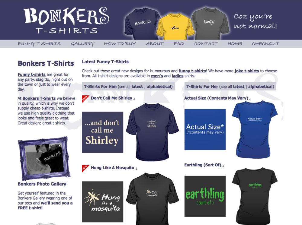 Bonkers T-Shirts website homepage
